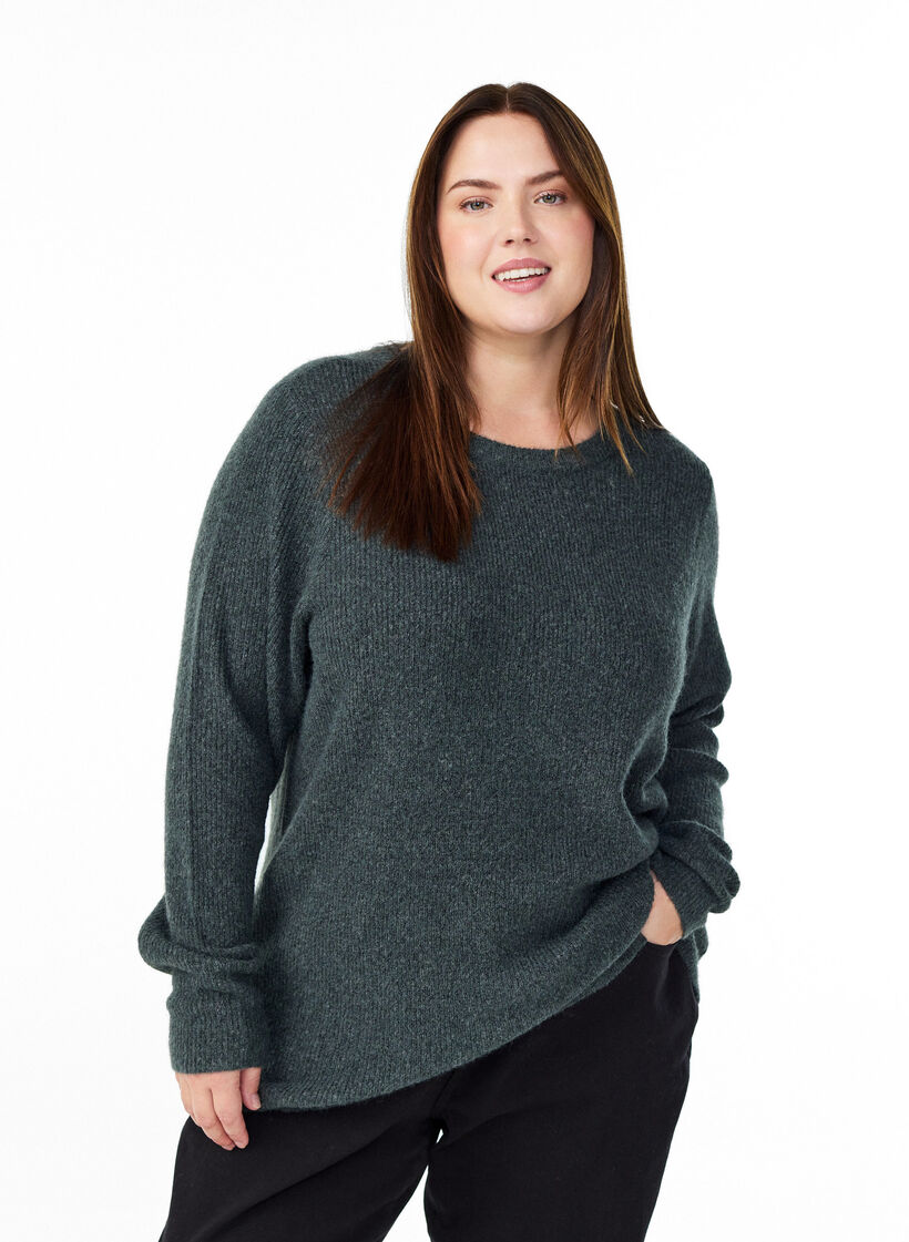 Melierte Strickbluse mit Rundhalsausschnitt, Gr&uuml;n, Model image number 0