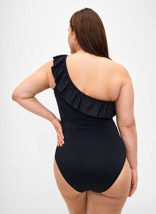 Ein-Schulter-Badeanzug mit Ruffle, Black, Model image number 1