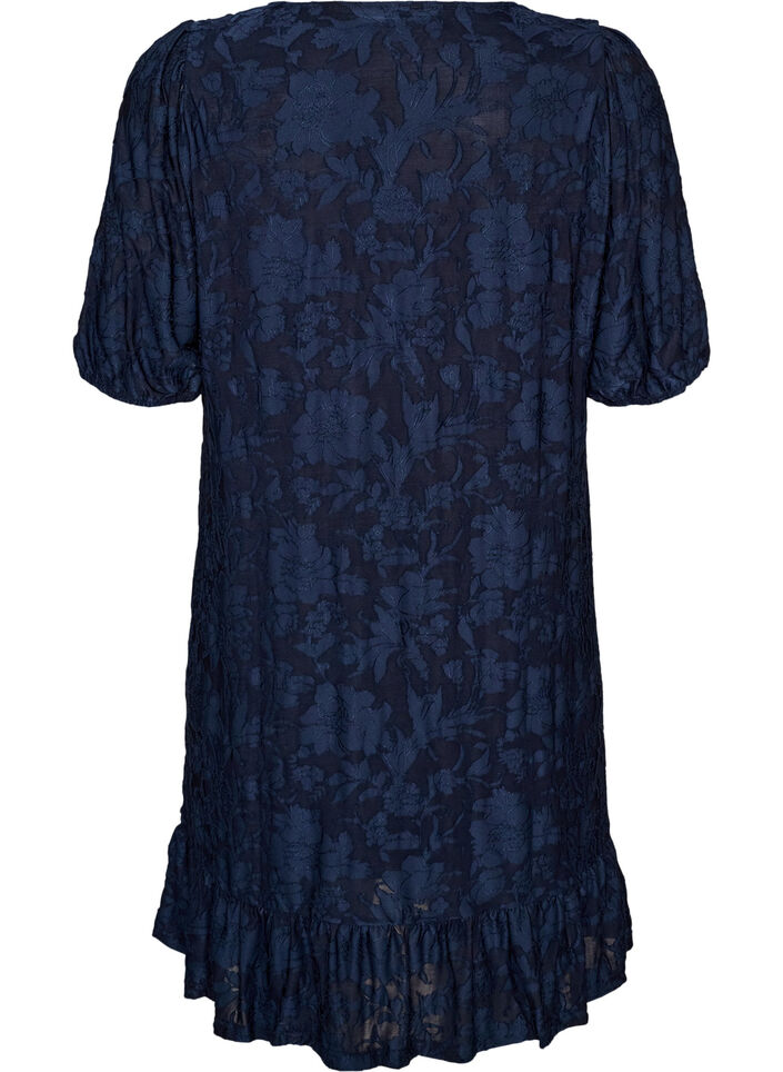 Kleid mit floraler Struktur und R&uuml;schenbesatz, Blau, Packshot image number 1