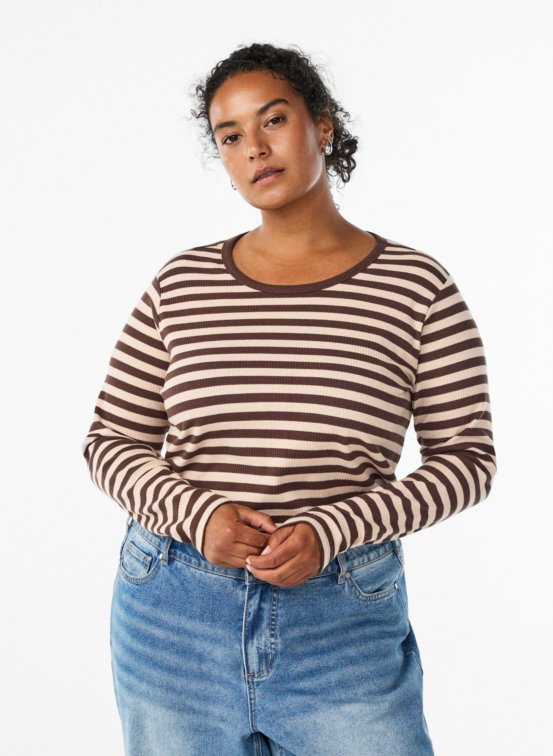 Zizzi Gestreifte Bluse mit langen &Auml;rmeln, Braun, Model image number 0