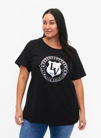 T-Shirt aus Bio-Baumwolle mit Druck, Black W. Silver LA, Model