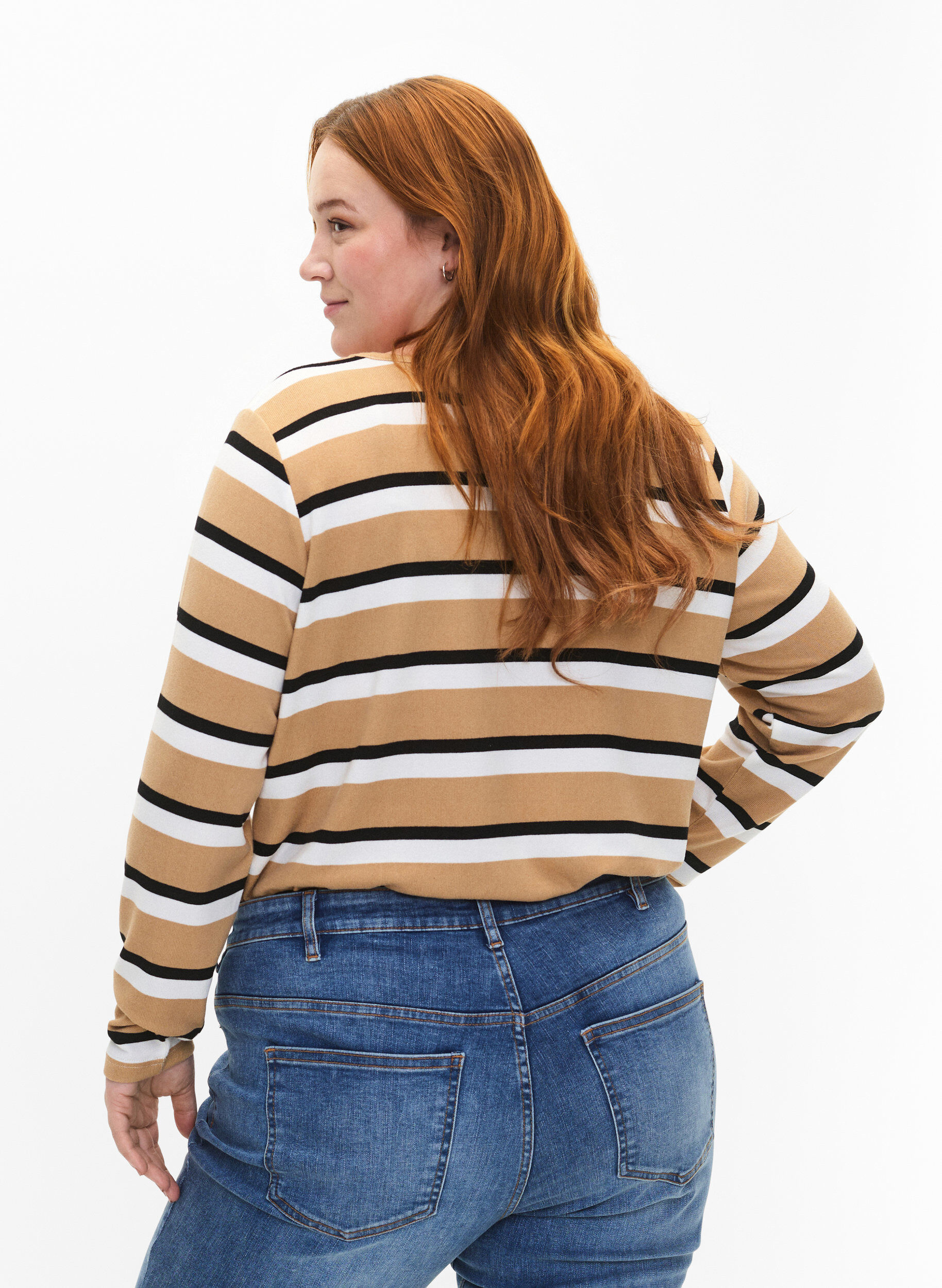 Zizzi Gestreifte Bluse mit langen &Auml;rmeln, Schwarz, Model image number 2