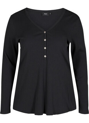 Langarm Bluse aus Ripp mit Knopfdetails, Black, Packshot image number 0