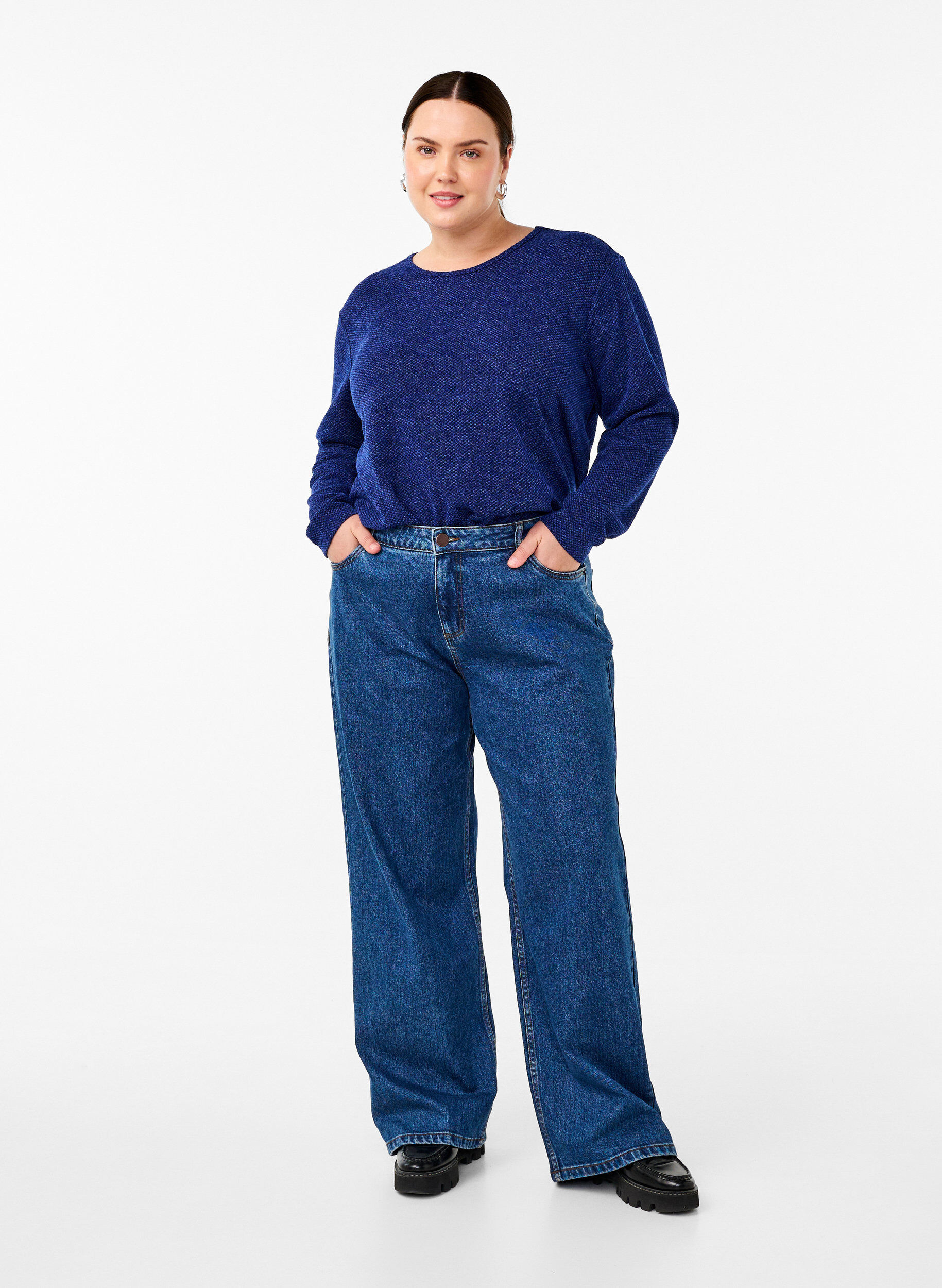 Zizzi Melange Bluse mit rund um den Neck und langen &Auml;rmel, Sodalite Blue, Model image number 2