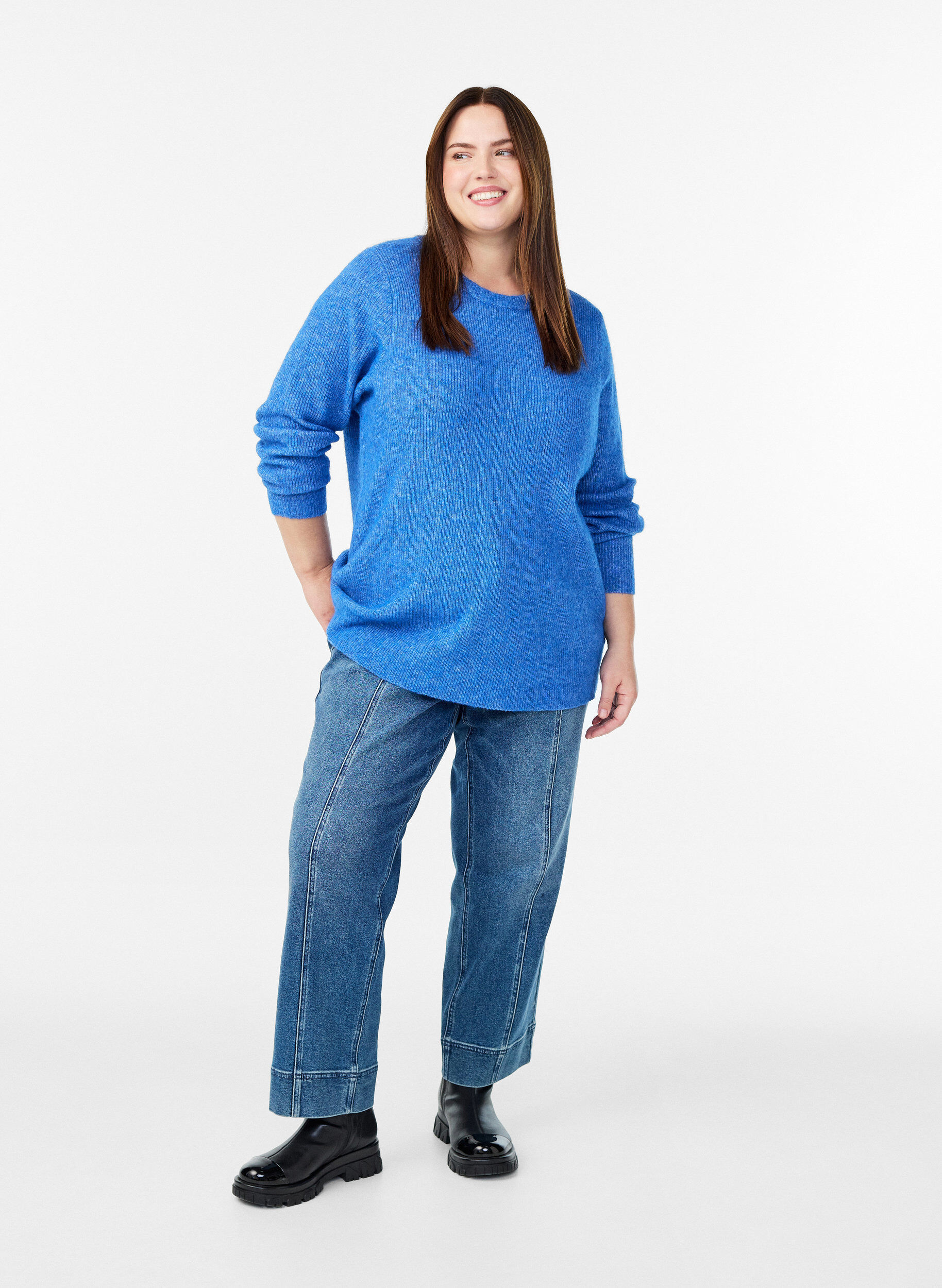 ZizziMelierte Strickbluse mit Rundhalsausschnitt, Blau, Model image number 1