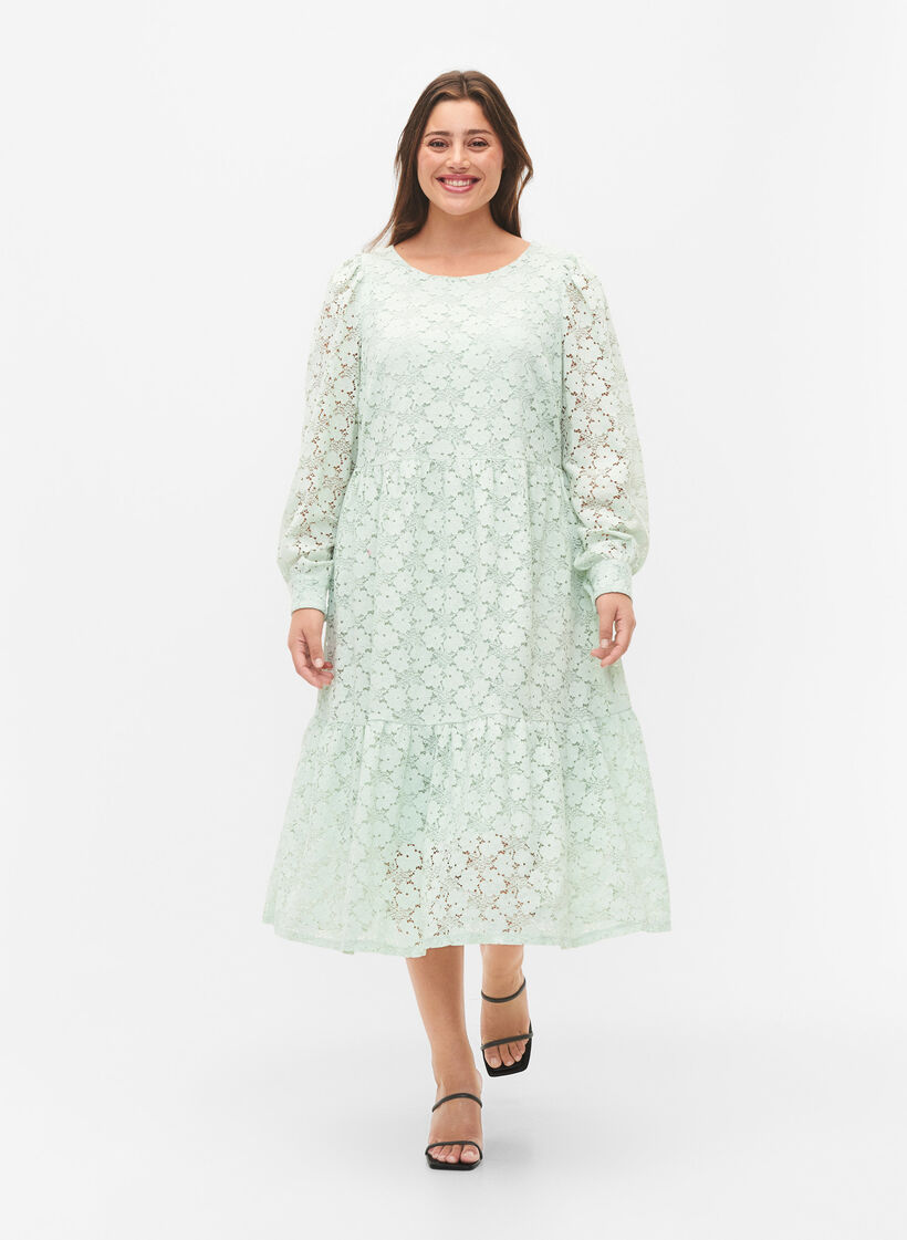 Spitze Kleid mit langen Ärmeln, Pastel Green , Model image number 0
