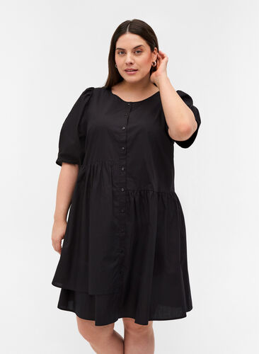 Hemdkleid aus Baumwolle mit Puffärmeln, Black, Model image number 0