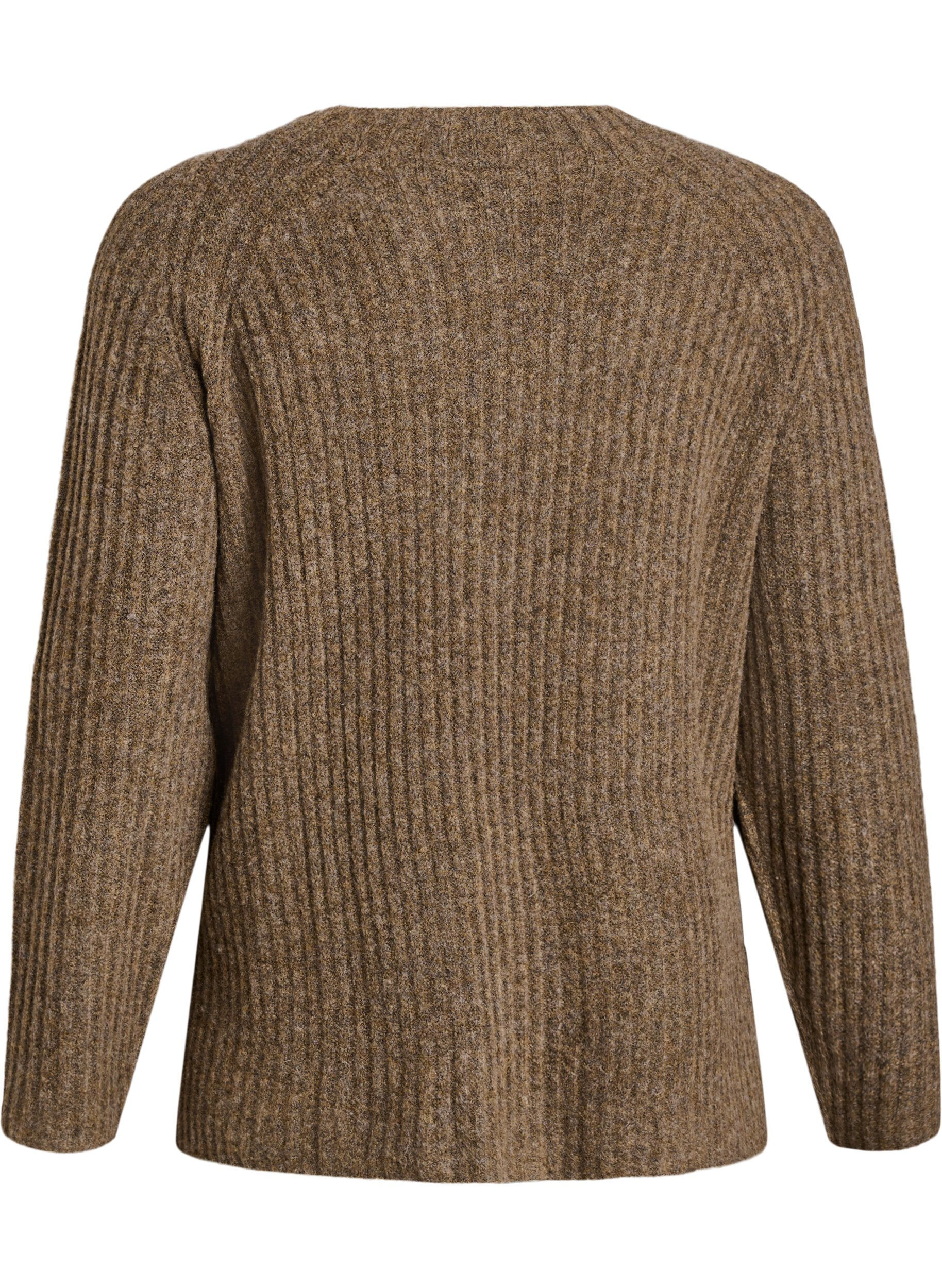 Zizzi Pullover aus Rippstrick mit Zierkn&ouml;pfen, Braun, Packshot image number 1