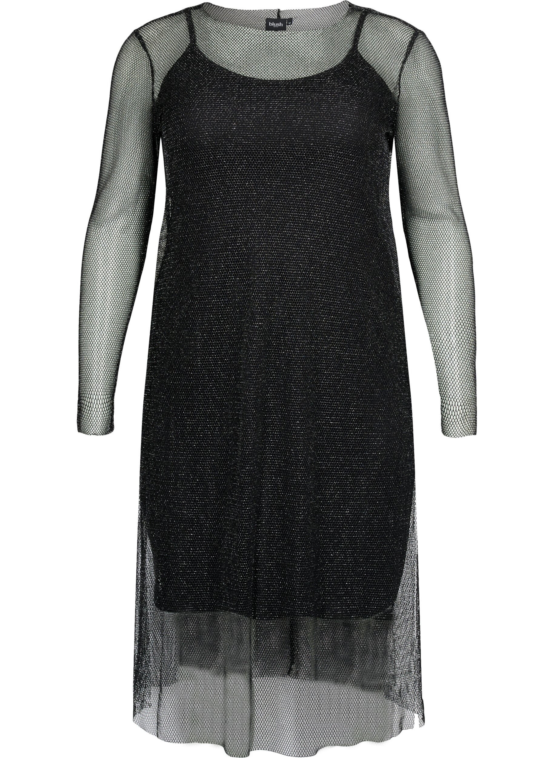 Zizzi Netzkleid mit langen &Auml;rmeln, Black w. Silver, Packshot image number 0
