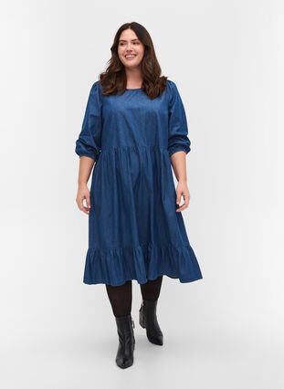 Baumwollkleid mit 3/4-Ärmeln und dekorativen Nähten, Blue, Model image number 2