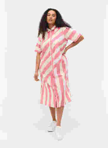 Kurzärmeliges Hemdkleid aus Baumwolle mit Streifen, Magenta Stripe, Model image number 3
