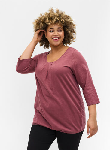 Einfarbige Bluse mit 3/4-Ärmel aus Baumwolle, Rose Brown, Model image number 0