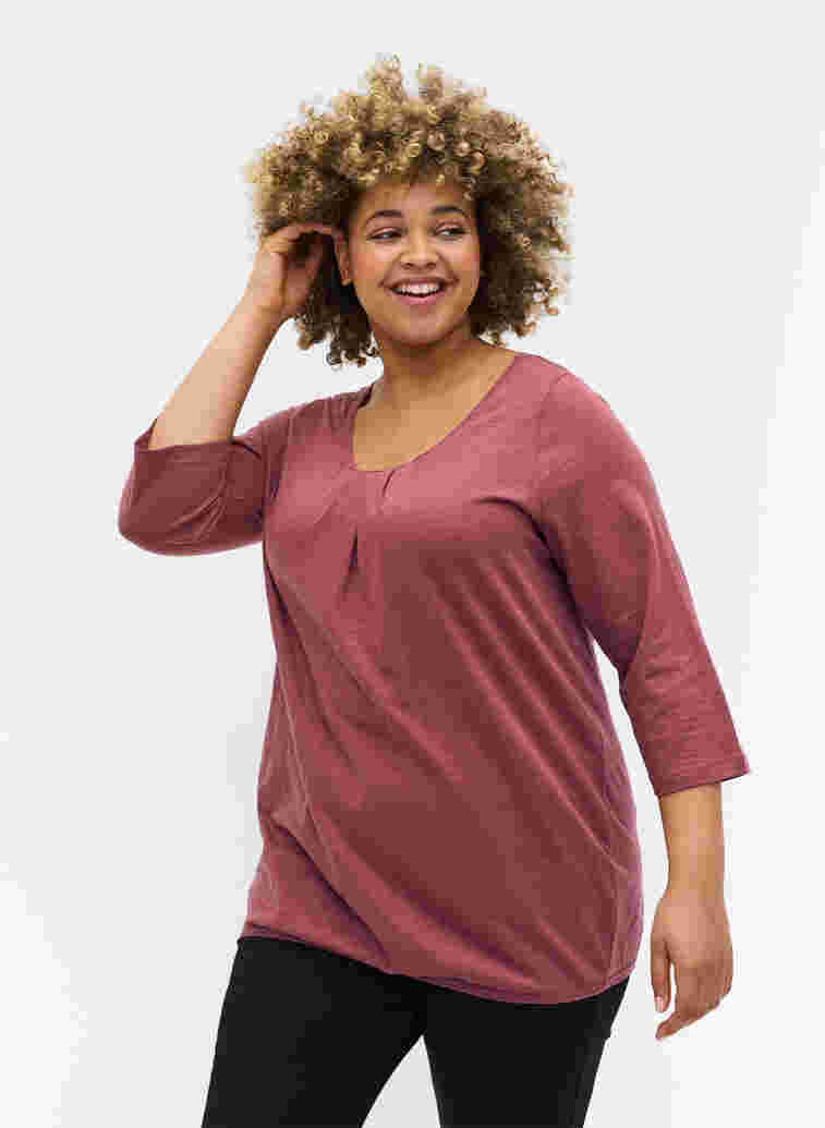 Einfarbige Bluse mit 3/4-Ärmel aus Baumwolle, Rose Brown, Model