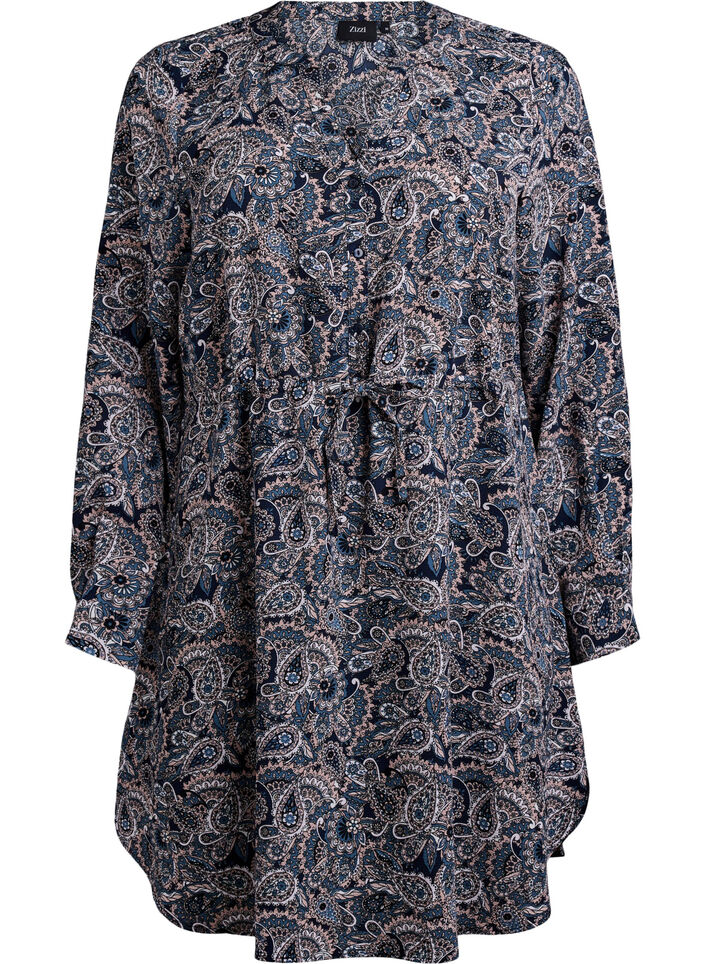 Knielanges Kleid mit Bindegürtel, Beige, Packshot image number 0