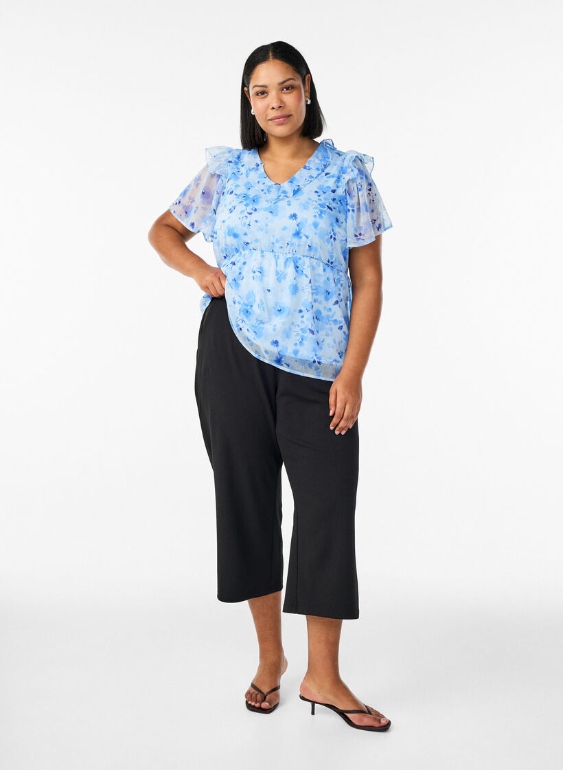 Gebl&uuml;mte Bluse mit R&uuml;schenkragen und Peplum-Effekt, Blau, Model image number 1