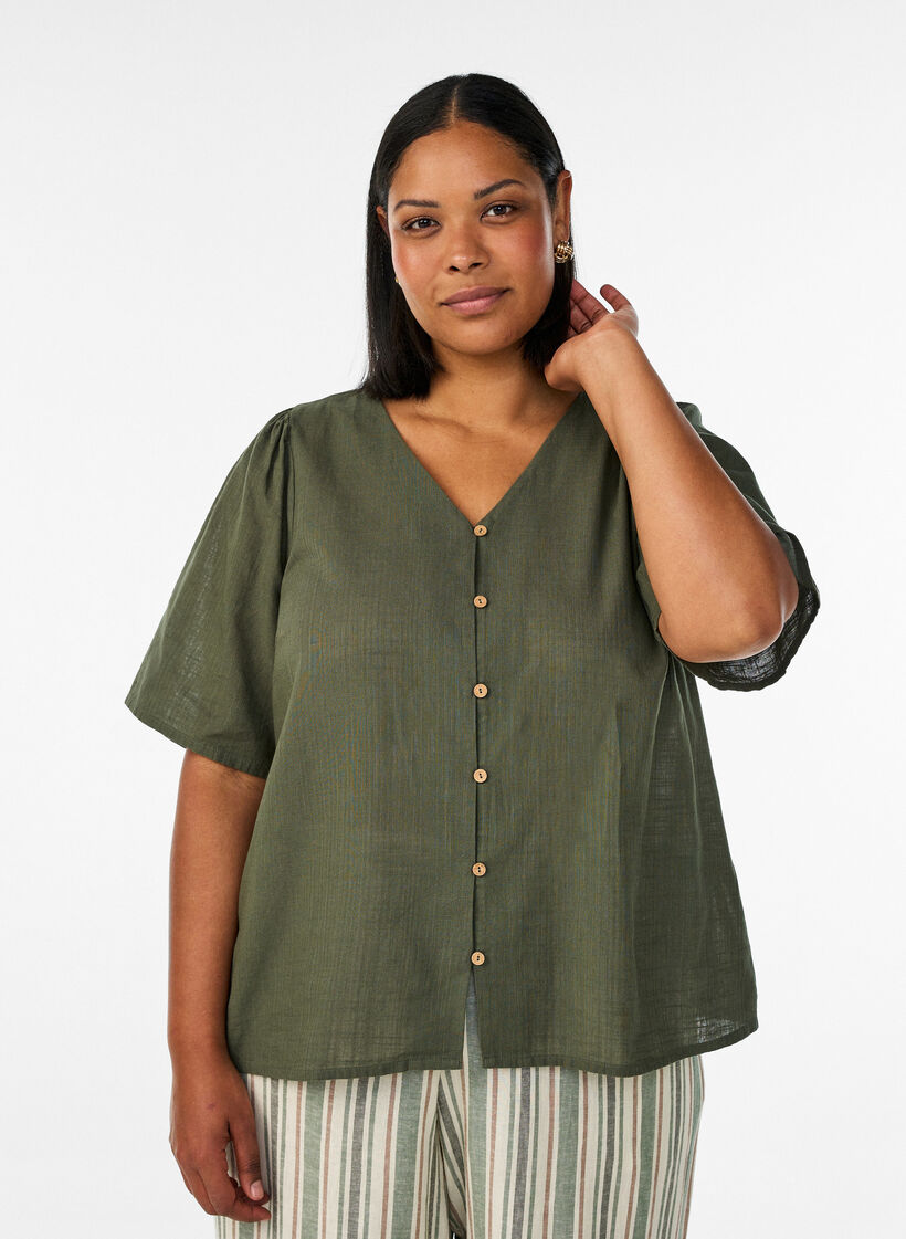 Kurz&auml;rmelige Bluse aus Baumwolle mit V-Ausschnitt, Gr&uuml;n, Model image number 0