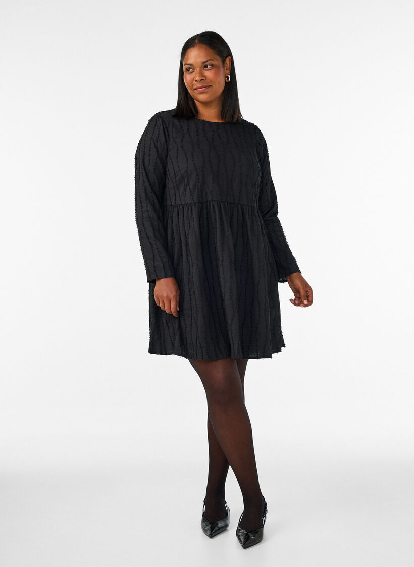 Kurzes Jerseykleid mit welligem Strukturmuster, Schwarz, Model image number 1