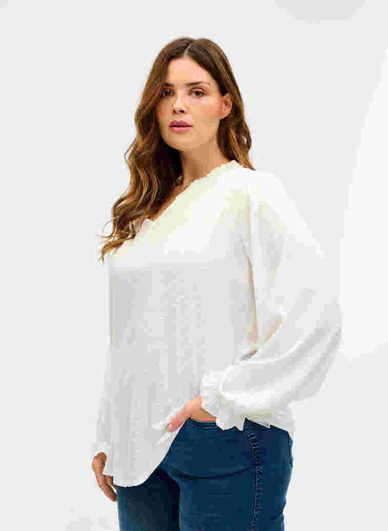 Langärmelige Bluse mit Smock- und Rüschendetails, Bright White, Model image number 0