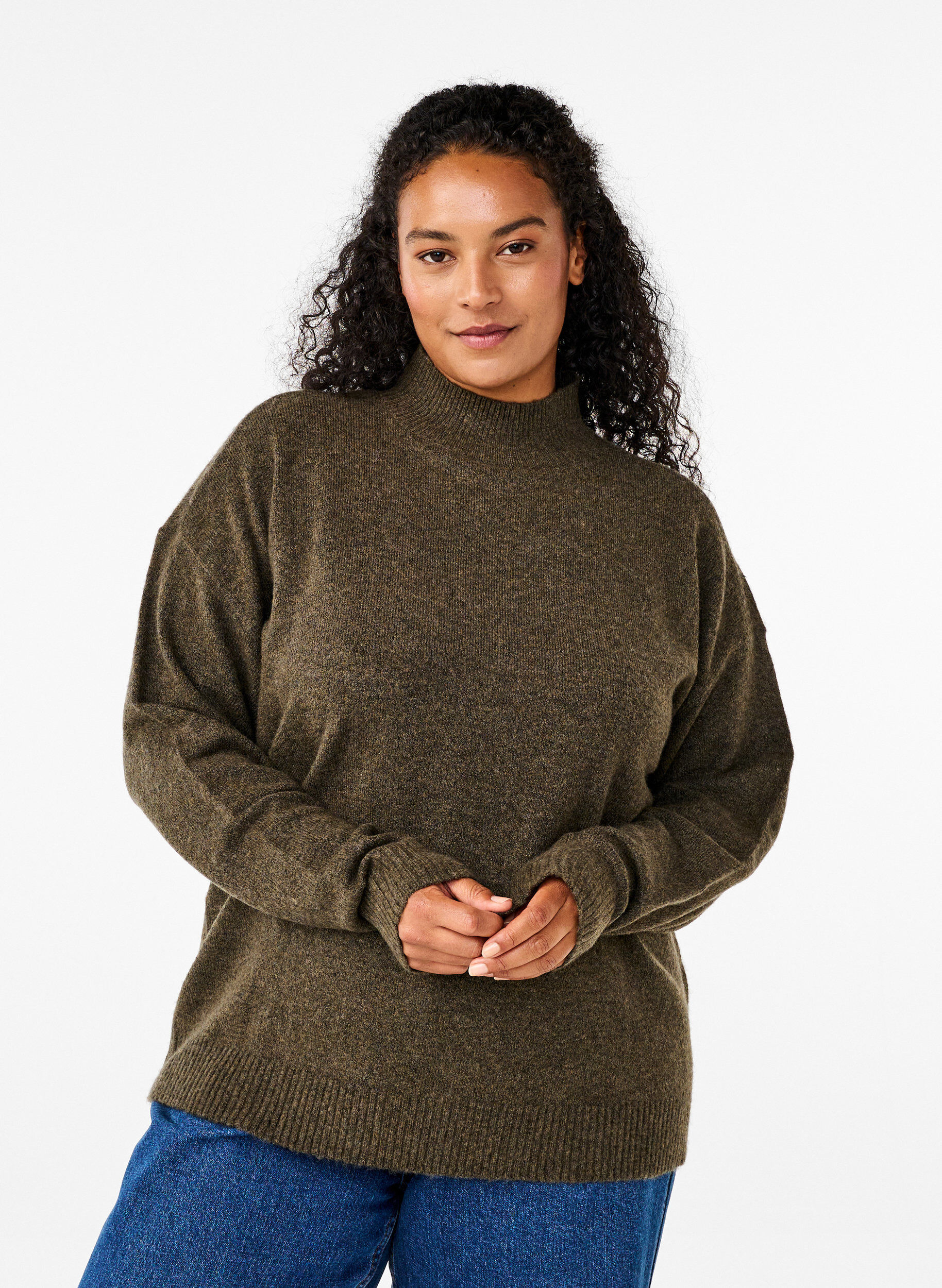 Zizzi Gestrickte Wollbluse mit hohem Kragen, Sea Turtle Mel., Model image number 0