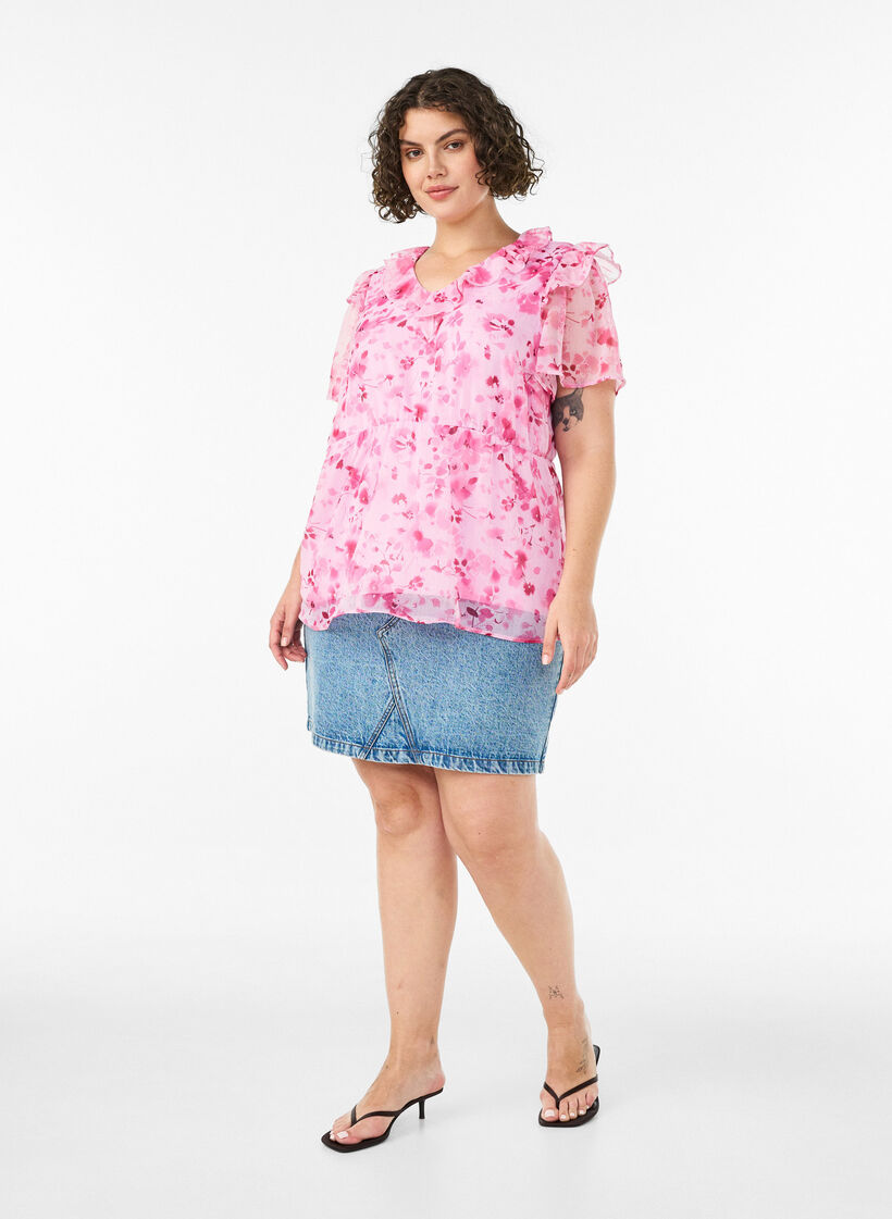 Gebl&uuml;mte Bluse mit R&uuml;schenkragen und Peplum-Effekt, Pink, Model image number 1