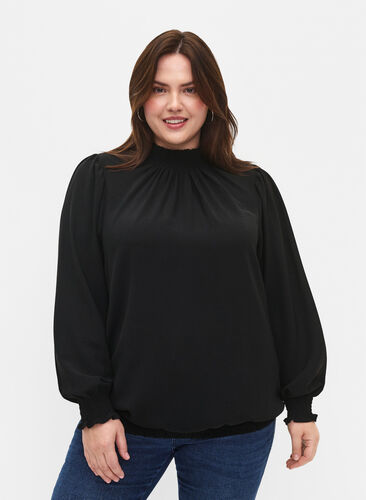 Einfarbige gesmokte Bluse mit langen Ärmeln, Black, Model image number 0