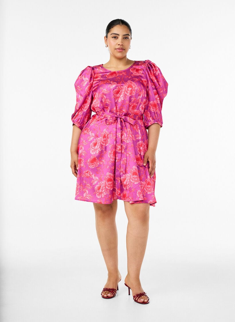 Gebl&uuml;mtes Kleid mit Puff&auml;rmeln und Bindeg&uuml;rtel, Pink, Model image number 1