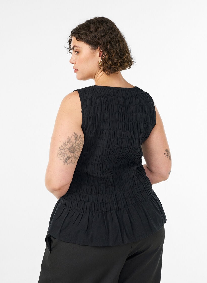 &Auml;rmelloses Top aus Baumwolle und Leinen mit Smock, Schwarz, Model image number 2