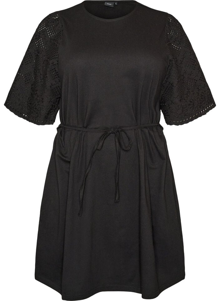 Baumwollkleid mit Broderie-Anglaise-&Auml;rmeln und Bindeg&uuml;rtel, Schwarz, Packshot image number 0