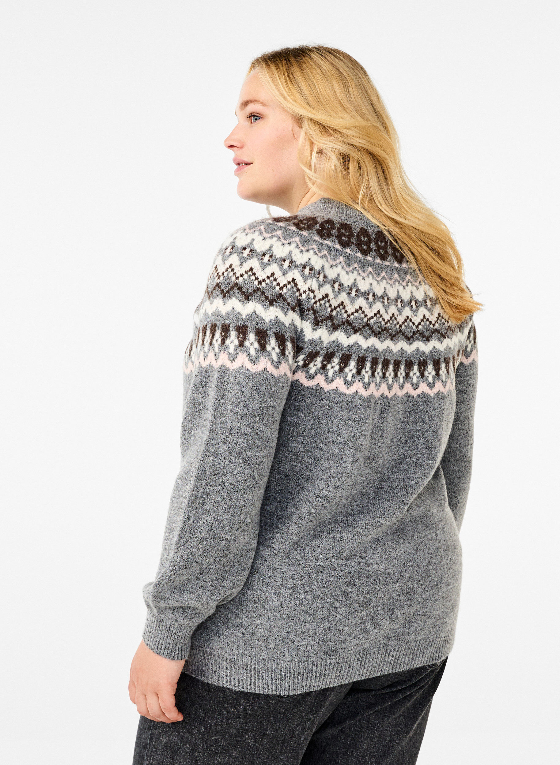 Zizzi Gestrickter Pullover mit Muster und langen &Auml;rmeln, Medium Grey Comb, Model image number 1