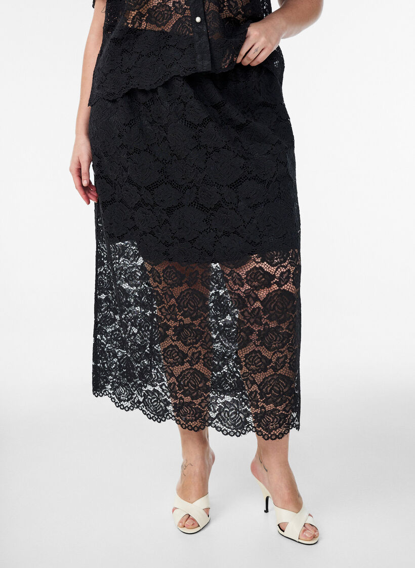 Midi-Spitzenrock mit elastischem Bund, Schwarz, Model image number 2