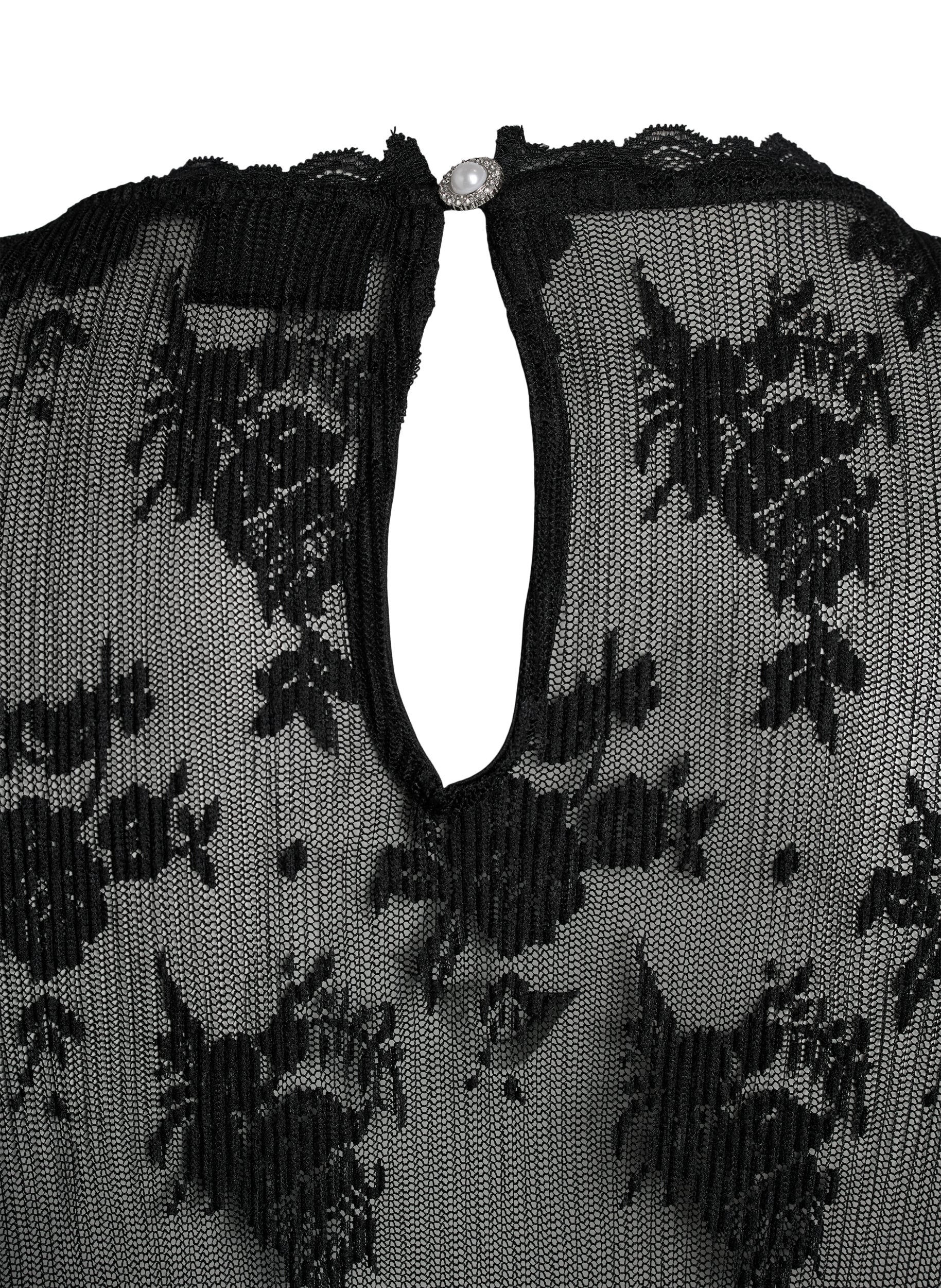 Zizzi Lang&auml;rmelige Bluse aus Mesh mit Spitzenmuster, Schwarz, Packshot image number 2