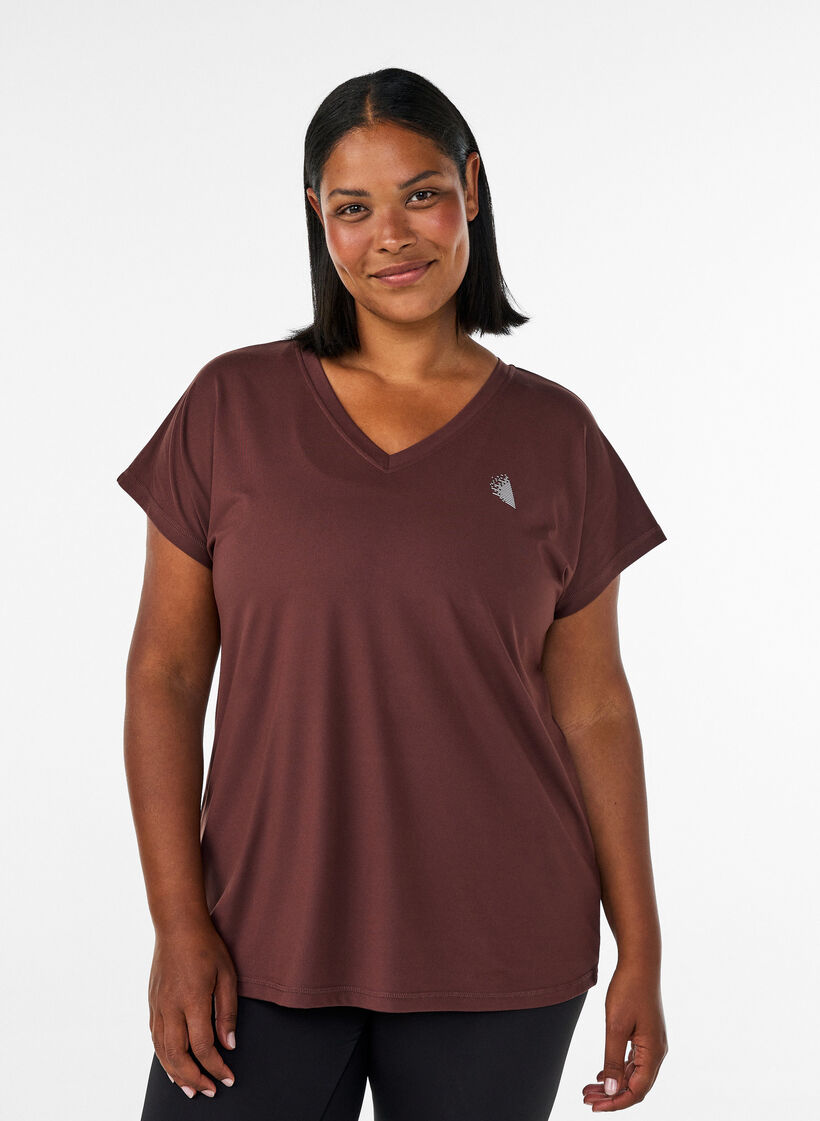 Lockeres Trainings-T-Shirt mit V-Ausschnitt, Braun, Model image number 0