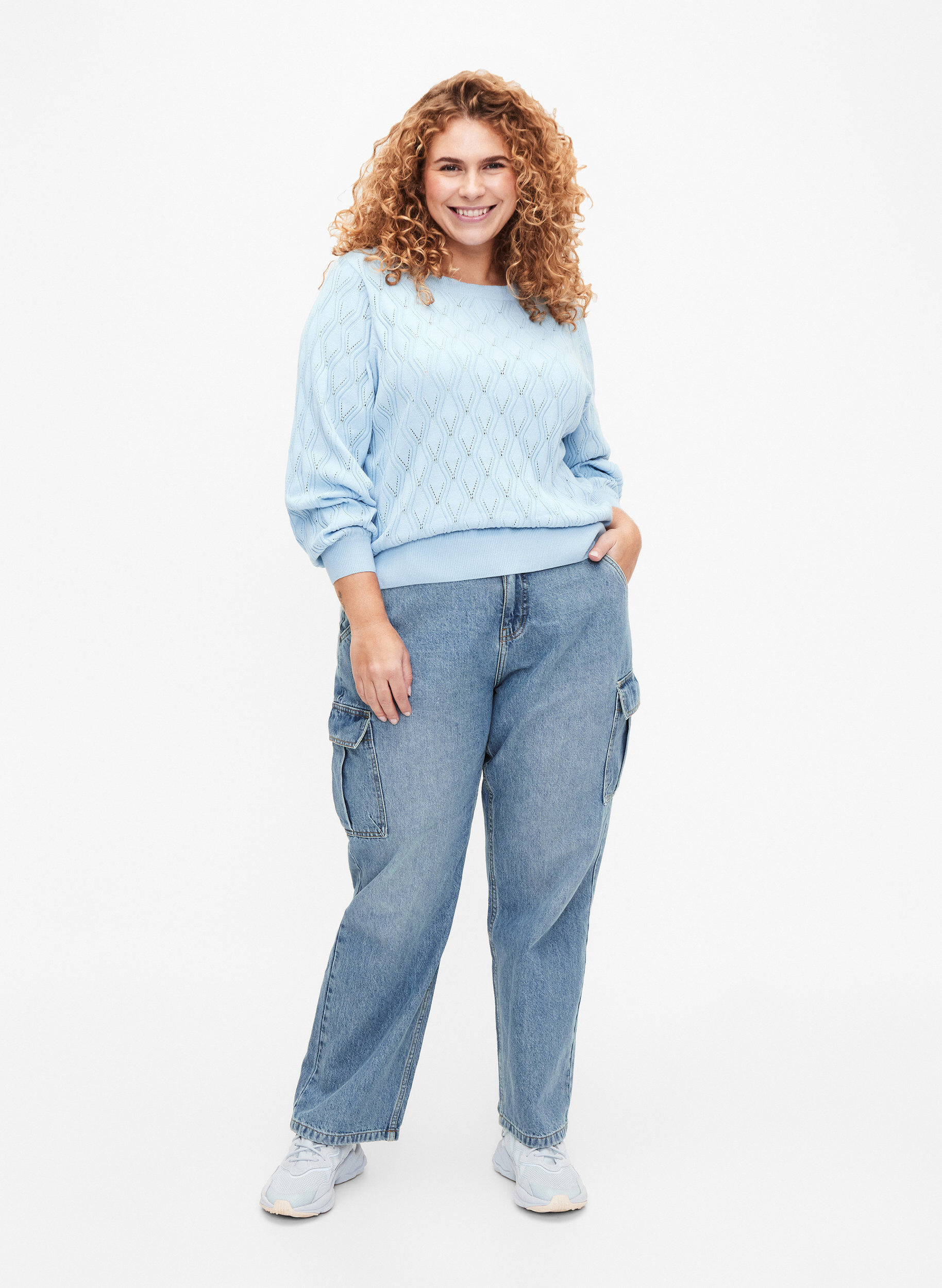 Zizzi Pullover mit Lochmuster und U-Boot-Ausschnitt	, Blue Bell, Model image number 2
