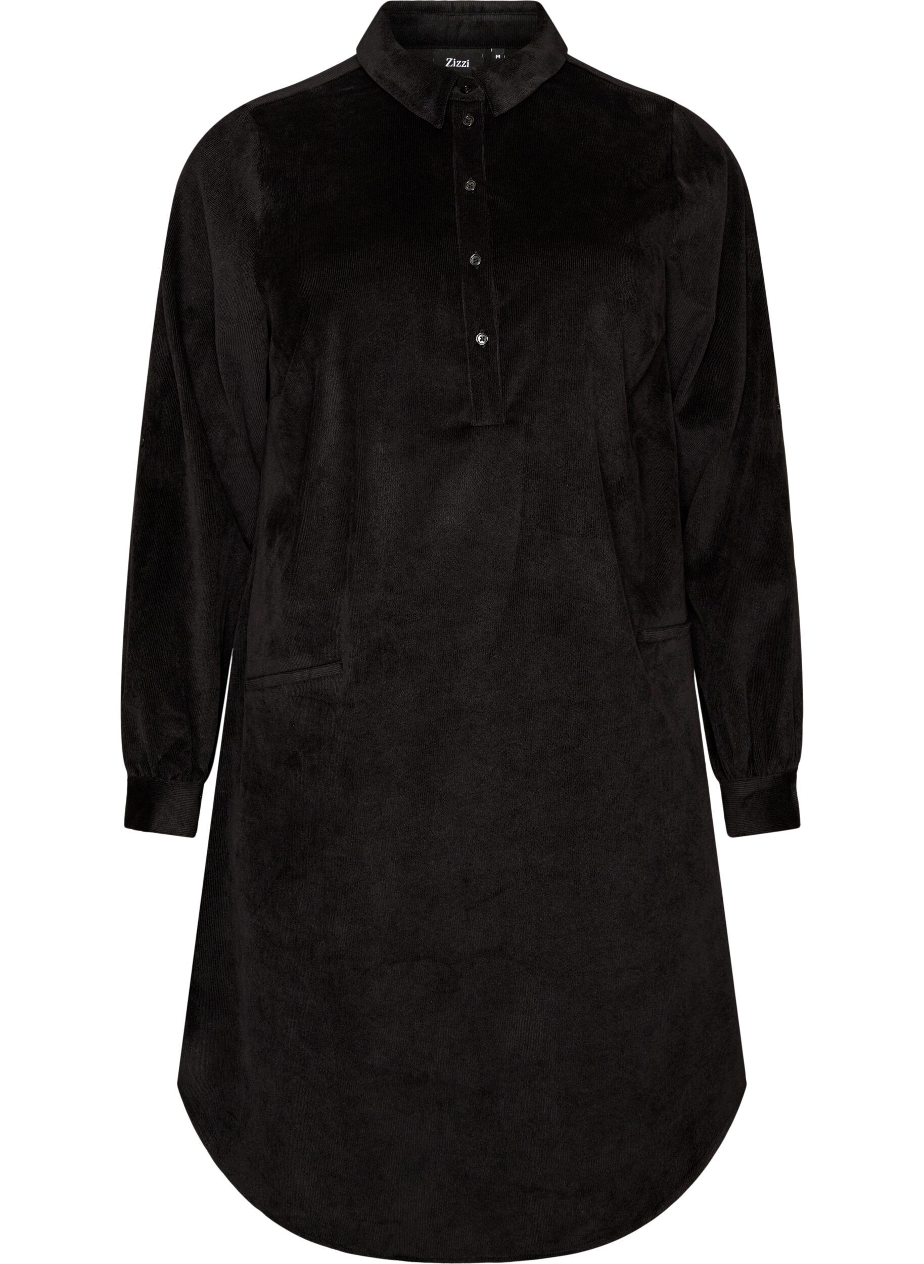 ZizziHemdblusenkleid aus Cord mit Kragen und Knopfleiste, Schwarz, Packshot image number 0
