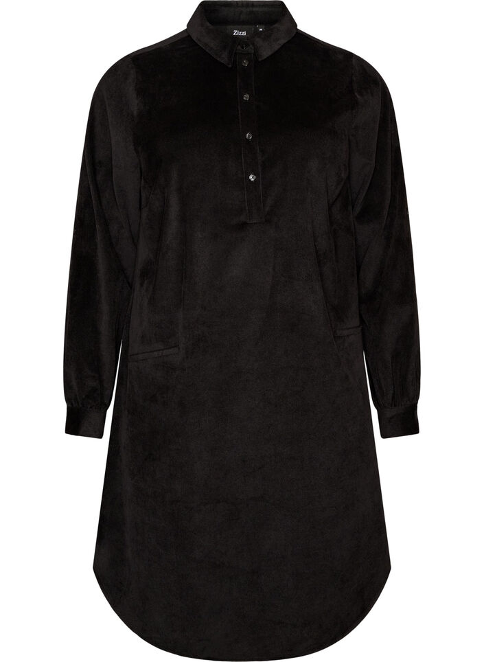 Hemdblusenkleid aus Cord mit Kragen und Knopfleiste, Schwarz, Packshot image number 0