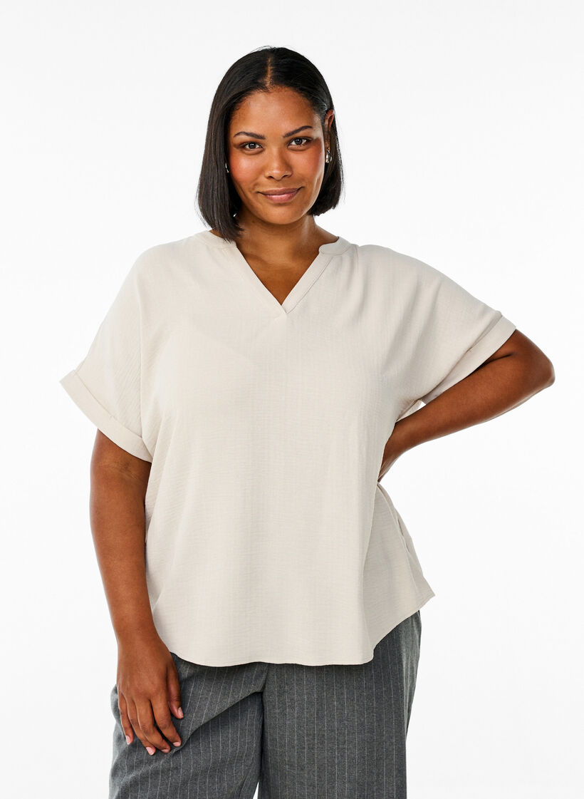 Lockere Bluse mit kurzen Ärmeln, Beige, Model image number 0