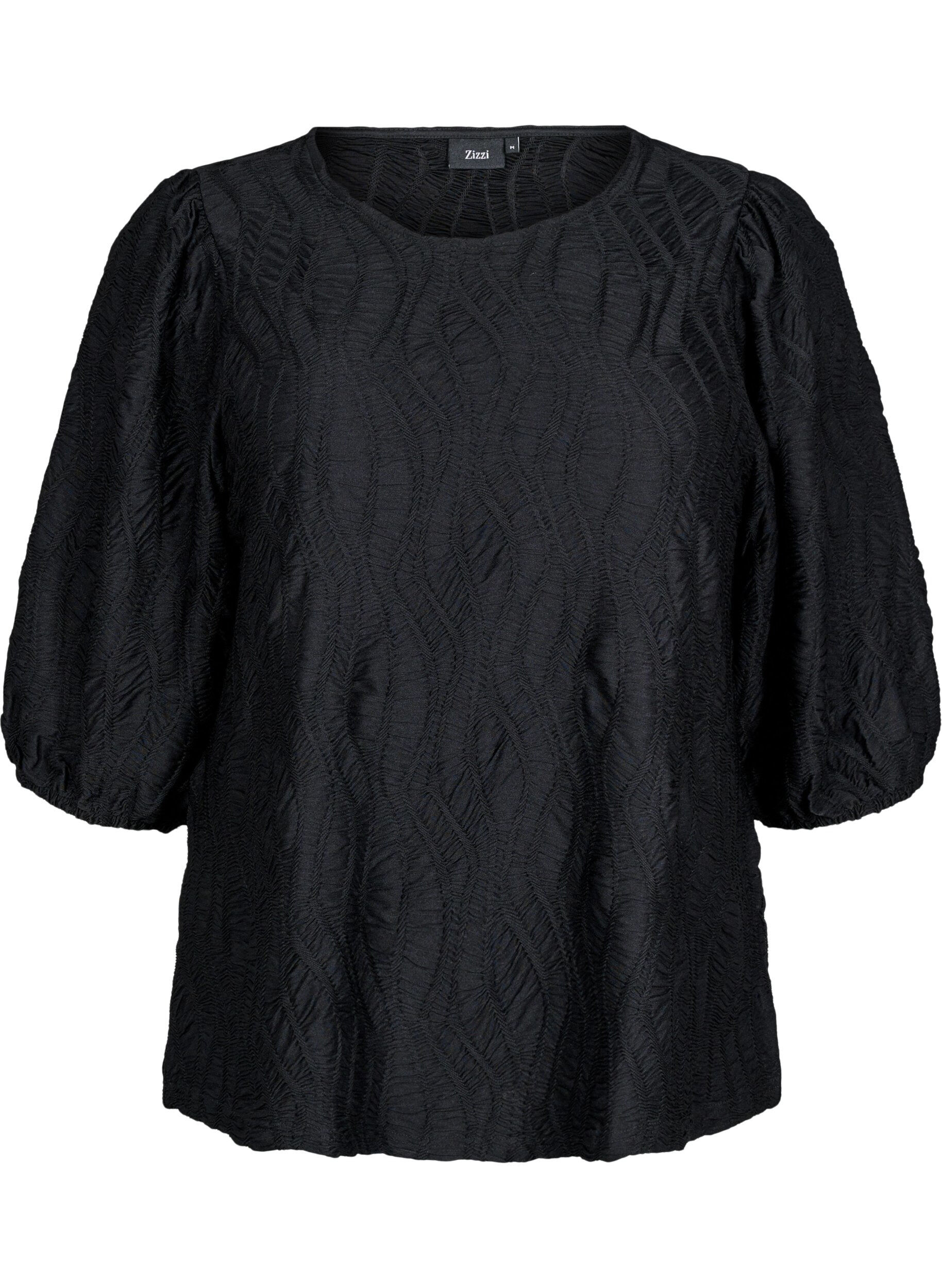 ZizziBluse mit Struktur und 3/4-&Auml;rmeln, Schwarz, Packshot image number 0