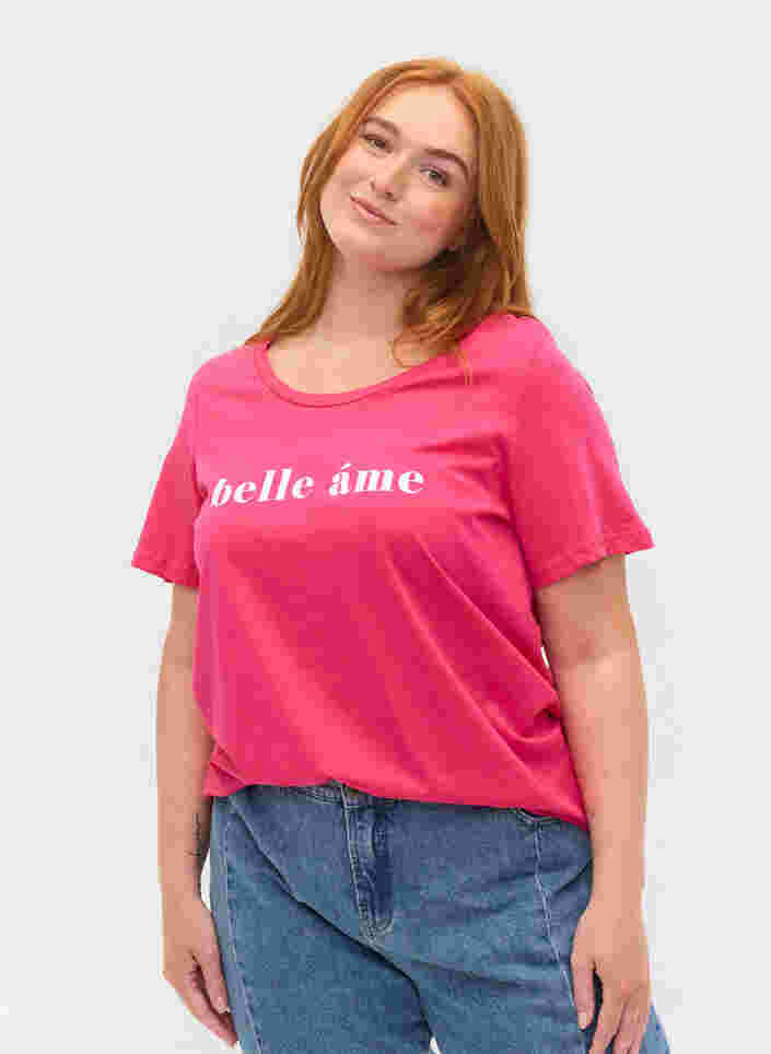 Kurzärmeliges Baumwoll-T-Shirt mit Textdruck, Fandango Pink, Model