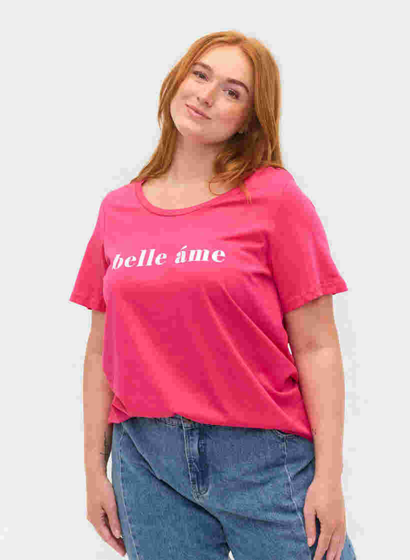 Kurzärmeliges Baumwoll-T-Shirt mit Textdruck, Fandango Pink, Model