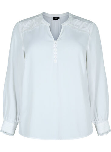Langärmelige Bluse mit V-Ausschnitt, Bright White, Packshot image number 0