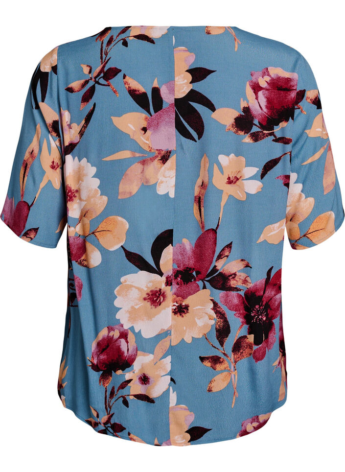 Kurz&auml;rmelige Bluse aus Viskose mit Print, Blau, Packshot image number 1