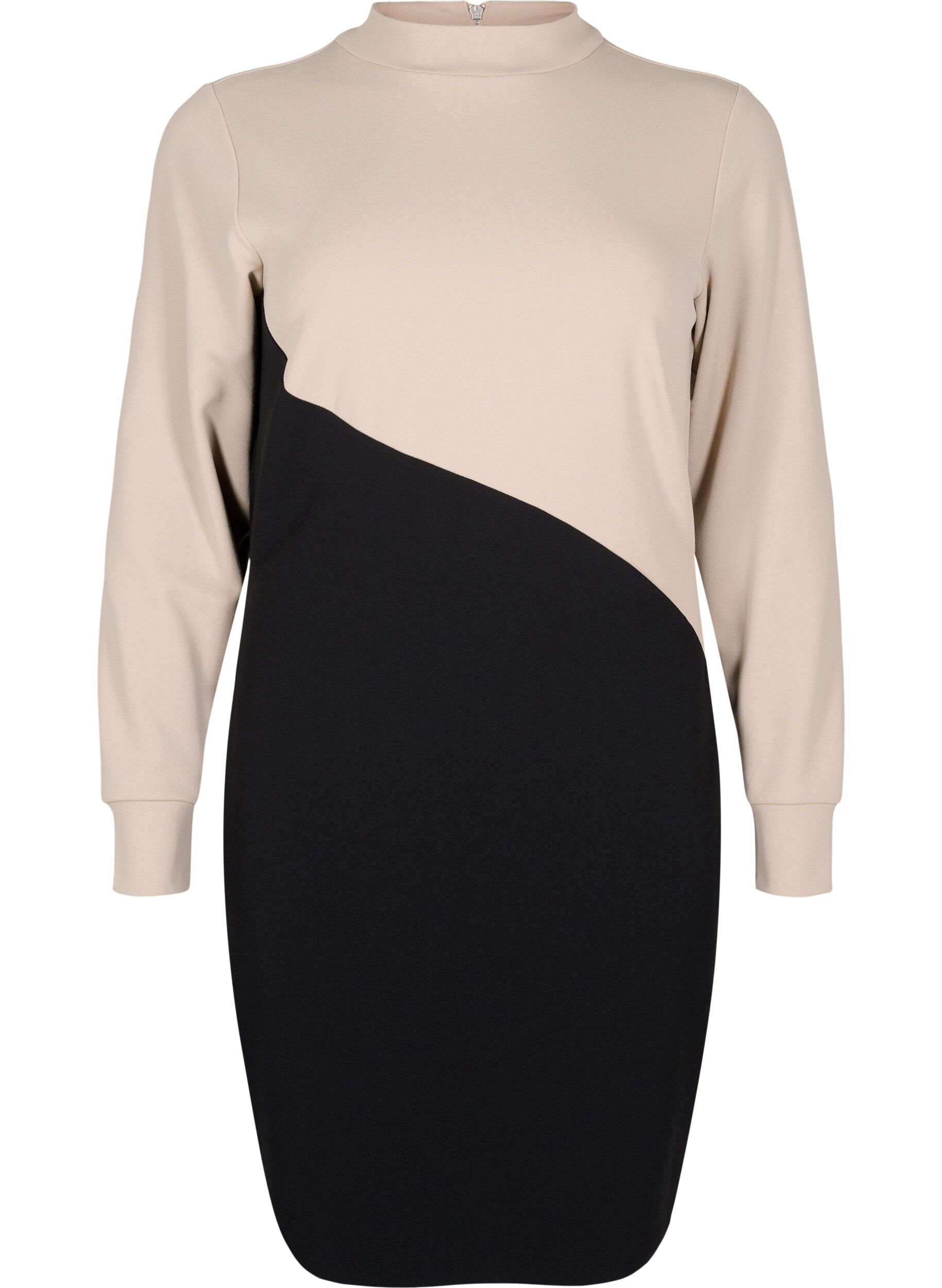 Zizzi Farbblock Kleid mit hohem Kragen, Black w. P.Cashmere, Packshot image number 0