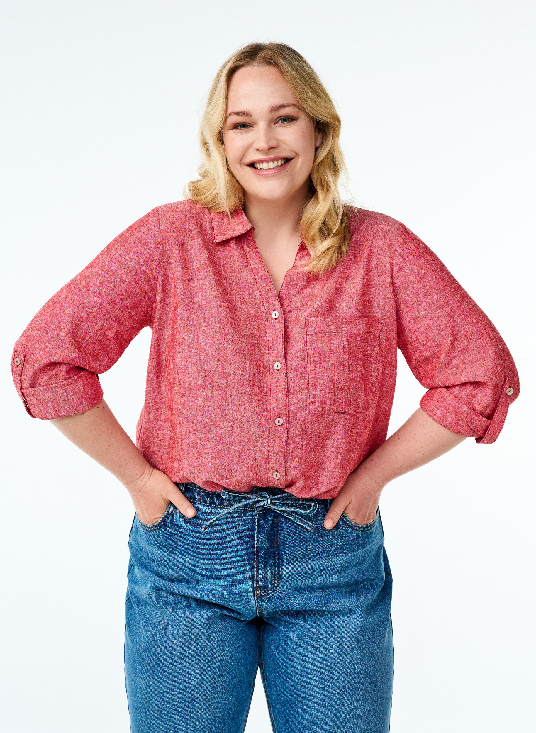 Zizzi Bluse aus Leinen und Viskose mit 3/4-&Auml;rmeln, Rot, Model image number 0