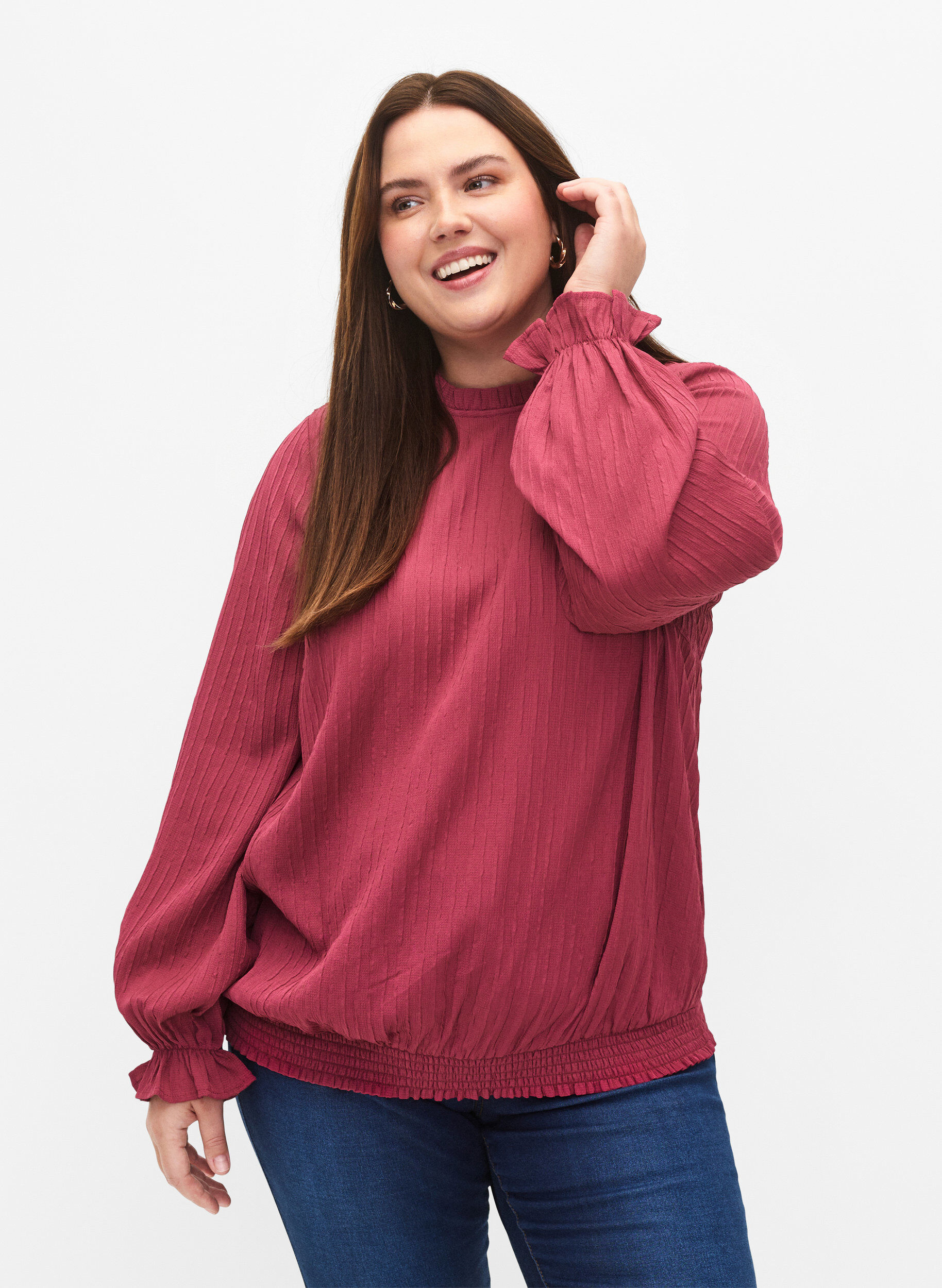 Zizzi Gesmokte Bluse mit R&uuml;schen und Struktur, Dry Rose, Model image number 0
