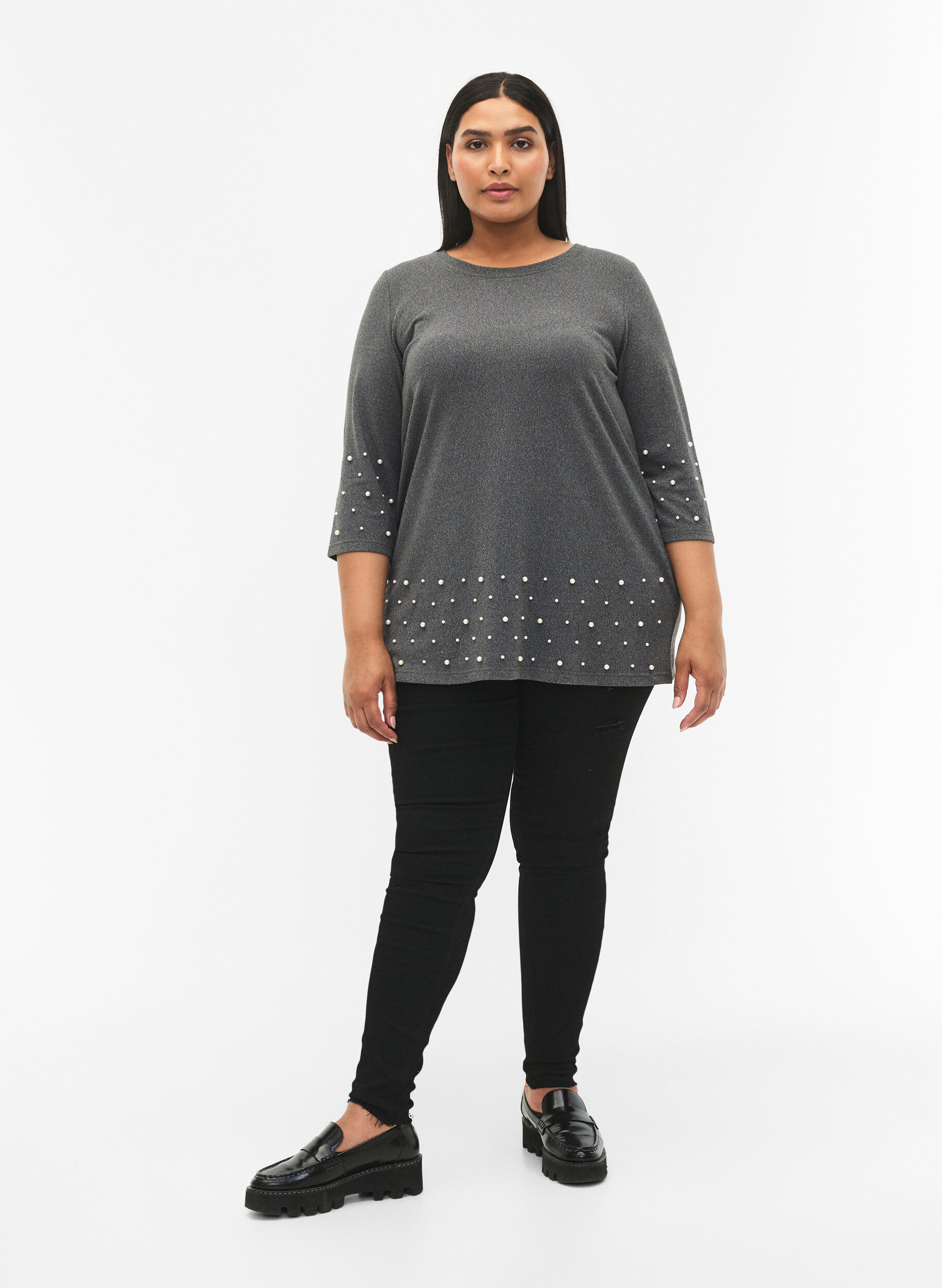 Zizzi Bluse mit Perlen und 3/4 &Auml;rmeln, Dark Grey Melange, Model image number 2