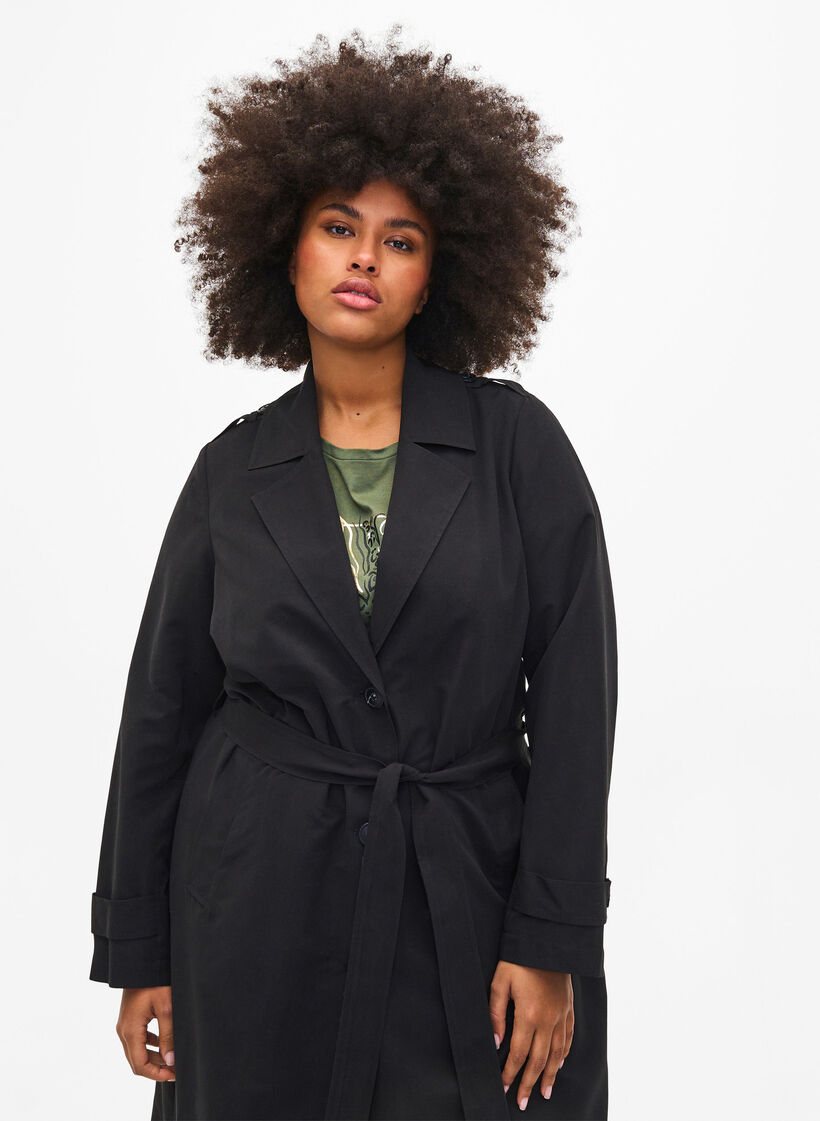 Langer Trenchcoat mit Gürtel, Black, Model image number 2