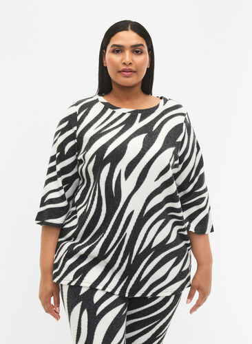 Bluse mit 3/4-Ärmeln und Zebramuster, White Zebra, Model image number 0