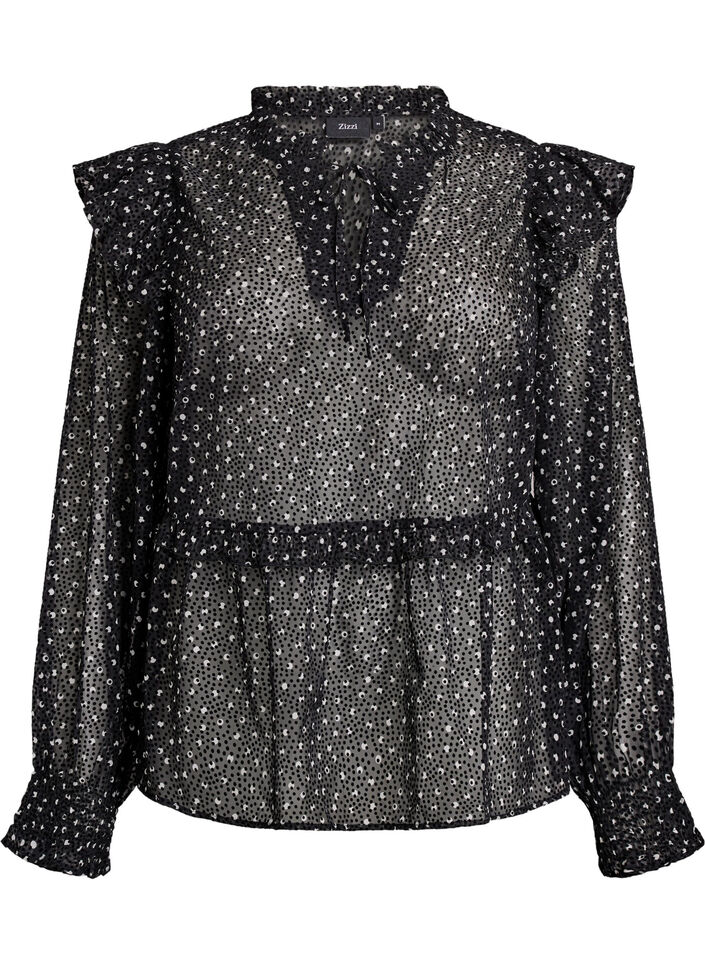 Bluse aus Chiffon mit Rüschendetails und kleinen Punkten, Schwarz, Packshot image number 0