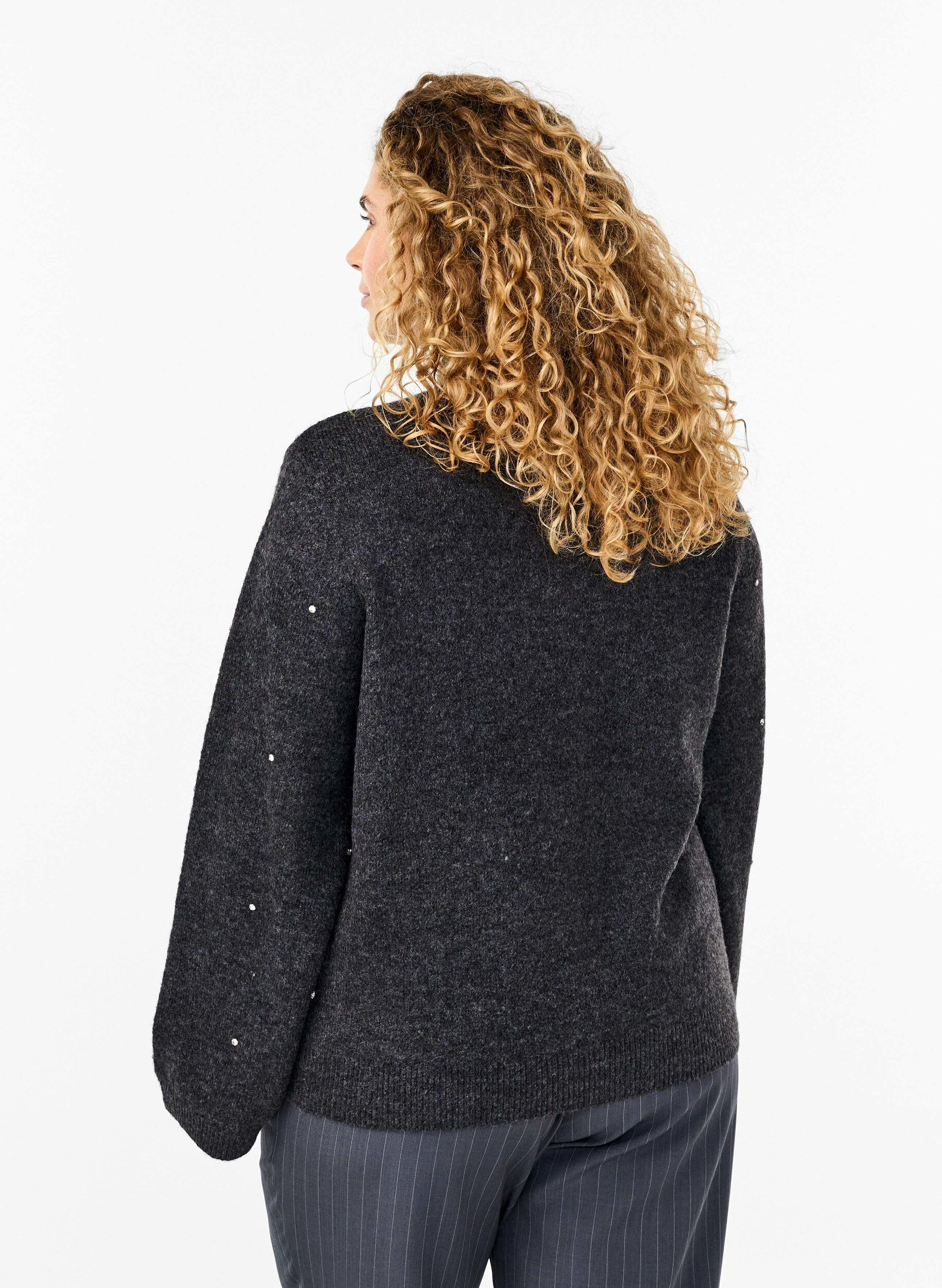 Zizzi  Strickbluse mit Strass und hohem Ausschnitt, Dark Grey Melange, Model image number 1