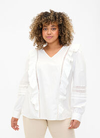 Bluse mit Ruffles und Lace Trim, Bright White, Model